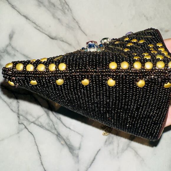 Mary Frances Brown Gold Beaded Cross Phone Bag Handbag Purse Crossbody Clutch - Picture 4 of 10